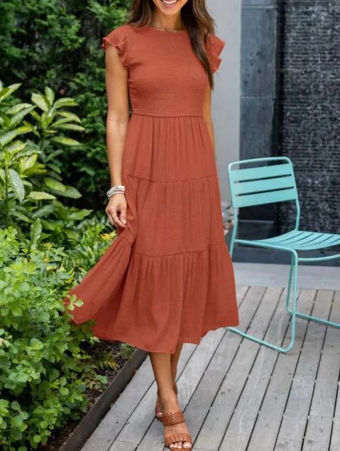 Smocked Ruffle Cap Sleeve Midi Dress