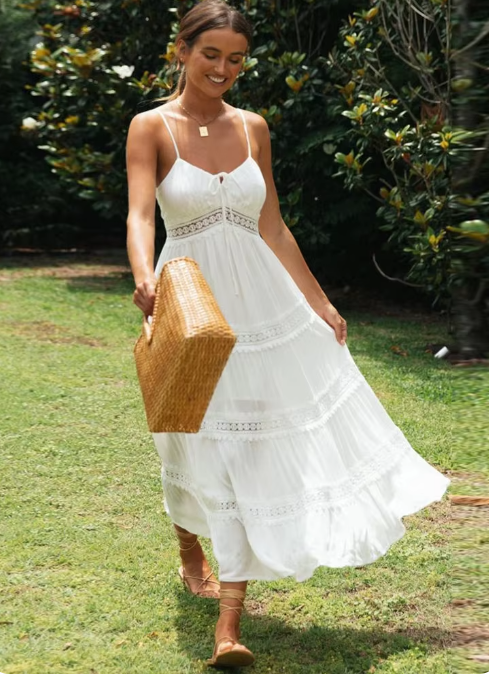 Tiered Lace Strap Midi Dress