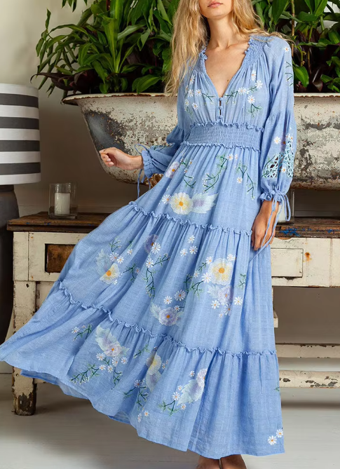 Tiered Embroidered Boho Maxi Dress