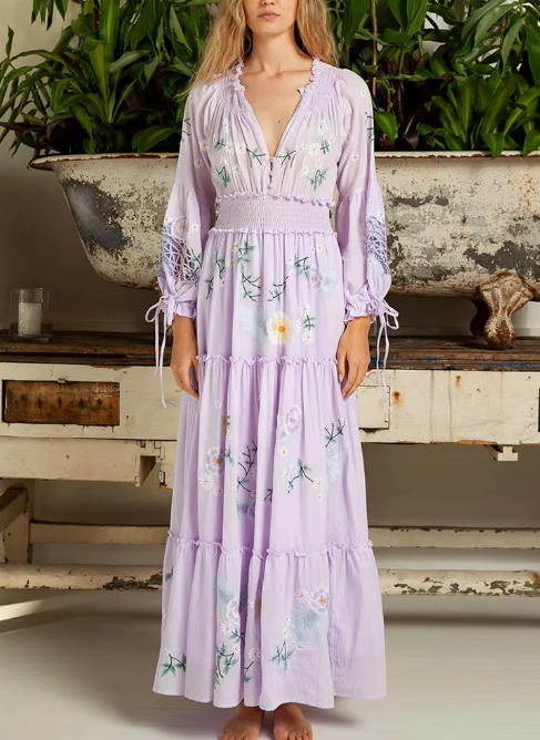 Tiered Embroidered Boho Maxi Dress