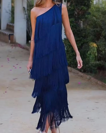 Asymmetric Fringe Maxi Dress