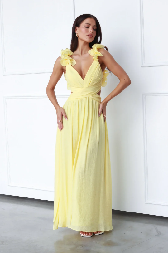 Ruffle Shoulder Open Back Maxi Dress