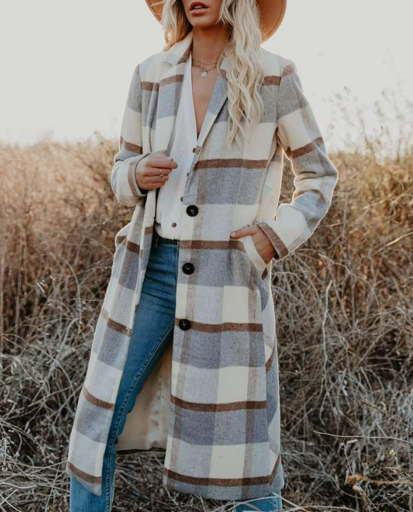 Longline Plaid Button Coat