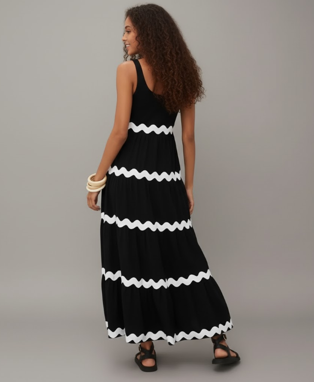 Wave Trim Tiered Maxi Dress
