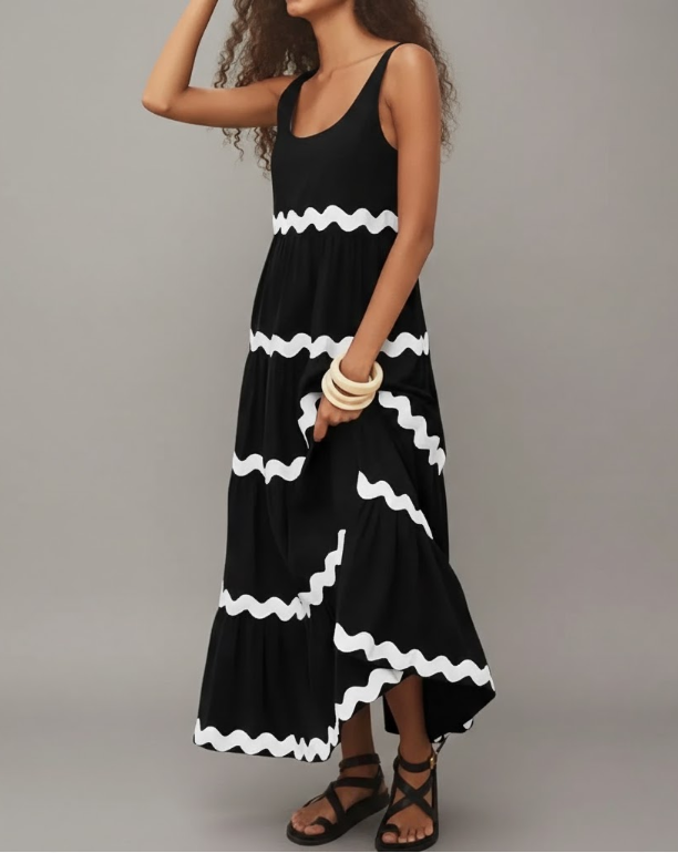 Wave Trim Tiered Maxi Dress