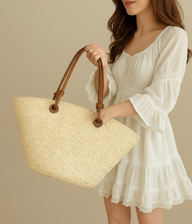 Woven Straw Tote with Contrast Straps
