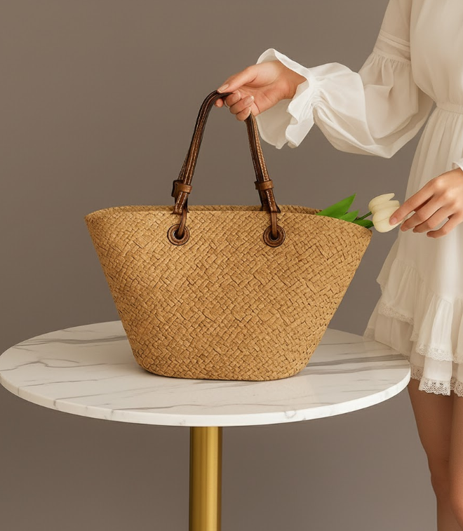 Woven Straw Tote with Contrast Straps