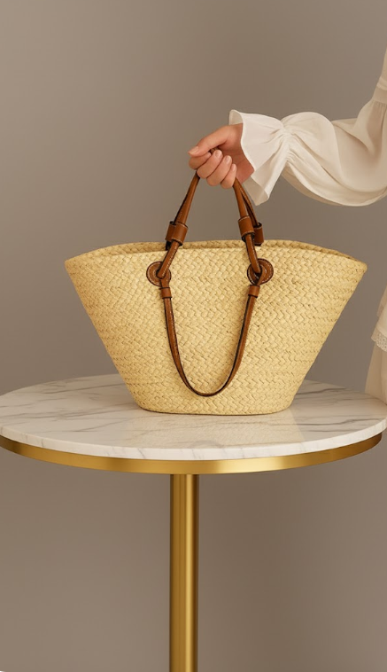 Woven Straw Tote with Contrast Straps