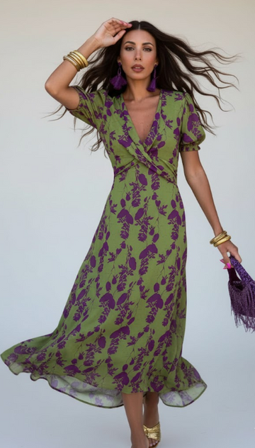 V-Neck Puff Sleeve Midi Dress