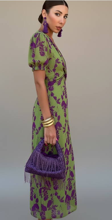 V-Neck Puff Sleeve Midi Dress