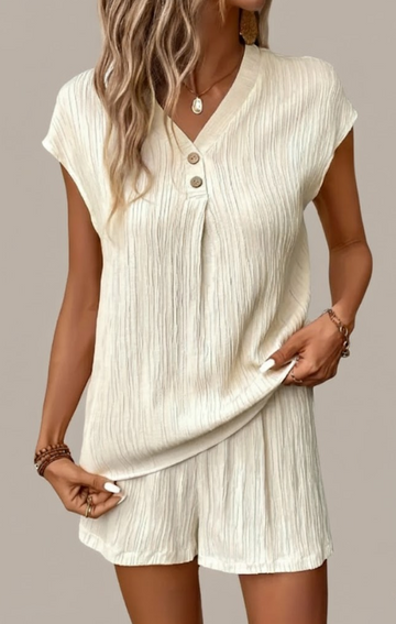 V-Neck Short Sleeve Top and High-Waisted Shorts Set