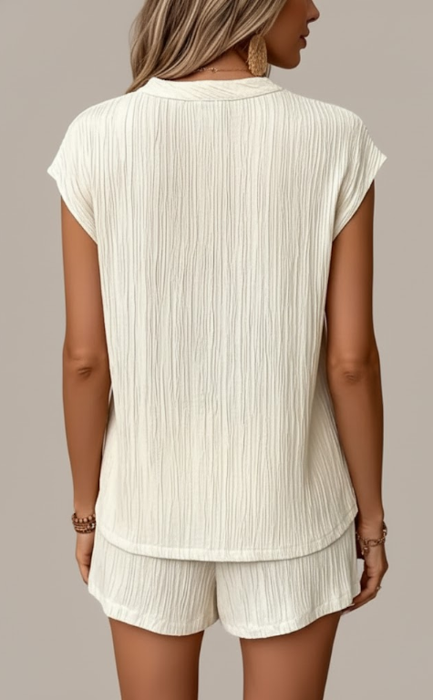 V-Neck Short Sleeve Top and High-Waisted Shorts Set