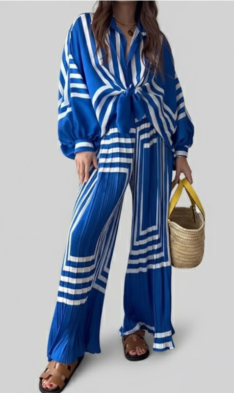 Twist Front Long Sleeve Top and Wide Leg Pants Set