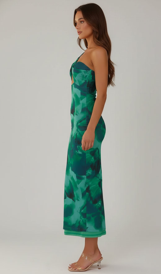Asymmetric Strap Waterprint Midi Dress
