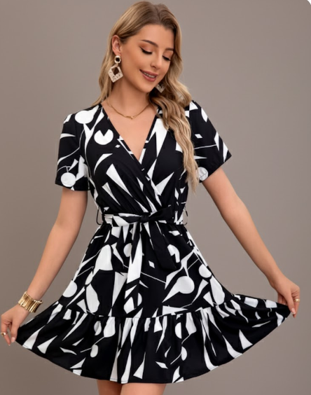 Wrap Belted Abstract Mini Dress