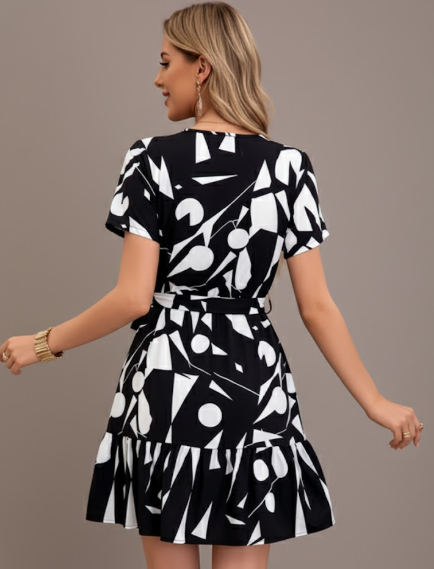 Wrap Belted Abstract Mini Dress