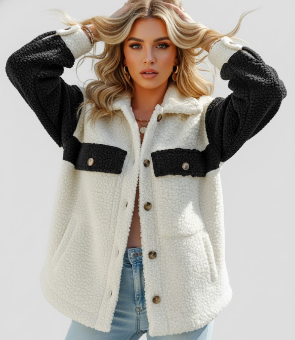 Two-Tone Button-Front Sherpa Jacket