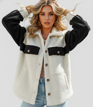 Two-Tone Button-Front Sherpa Jacket