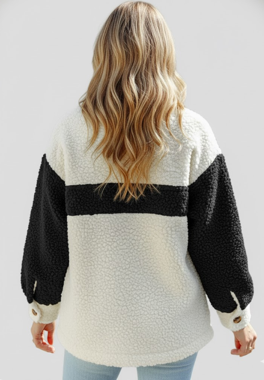 Two-Tone Button-Front Sherpa Jacket