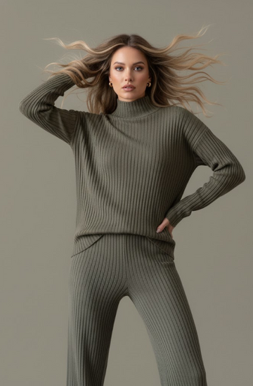Turtleneck Knit Top and Wide Leg Pants Set