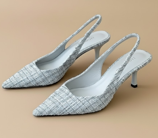 Tweed Pointed Slingback Kitten Heels