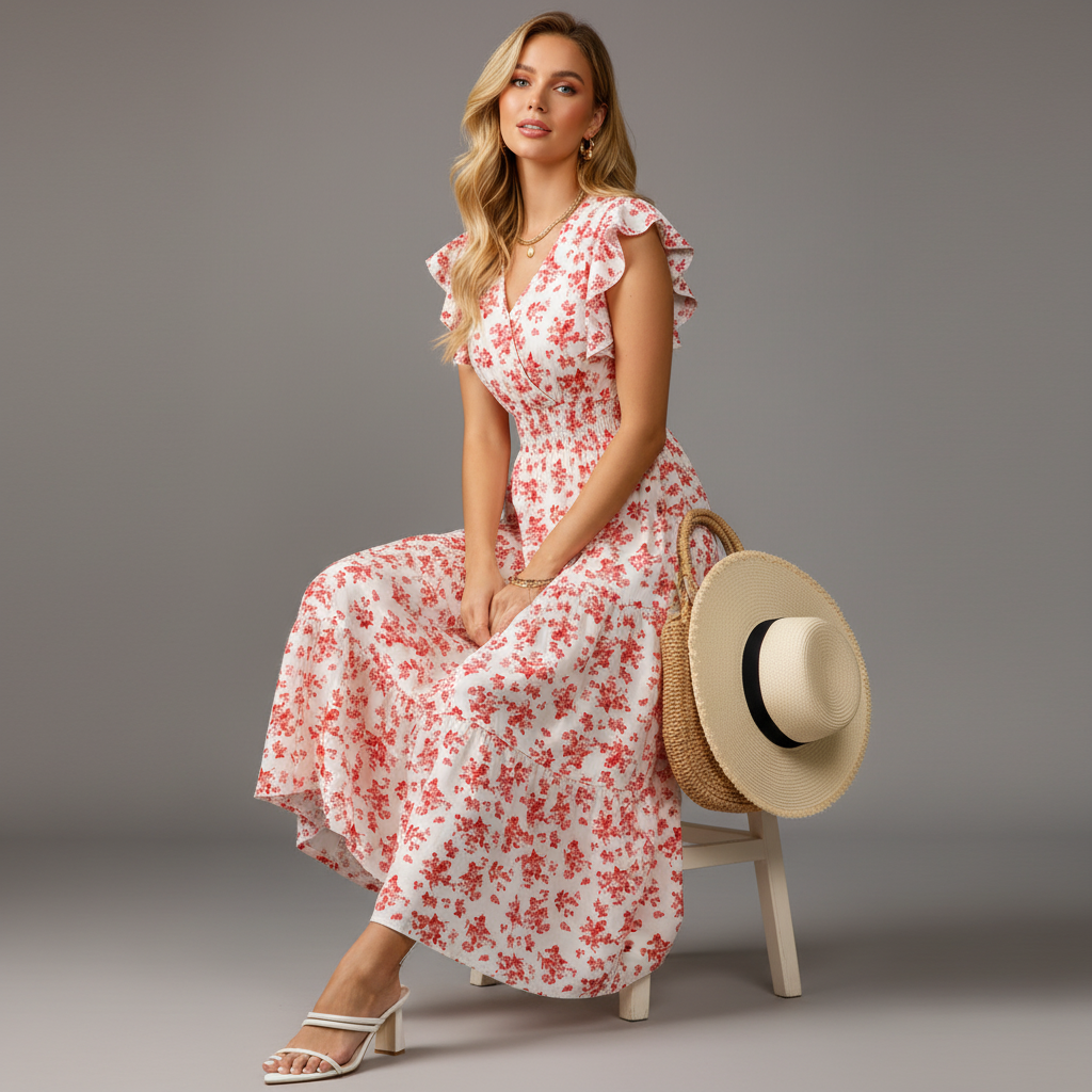 Ruffle Sleeve Shirred Garden Dress