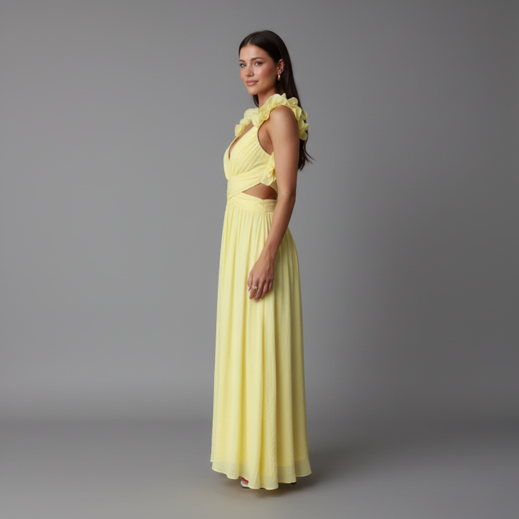 Ruffle Shoulder Open Back Maxi Dress