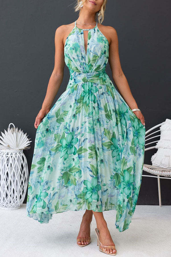 Green Floral Halter Maxi Dress