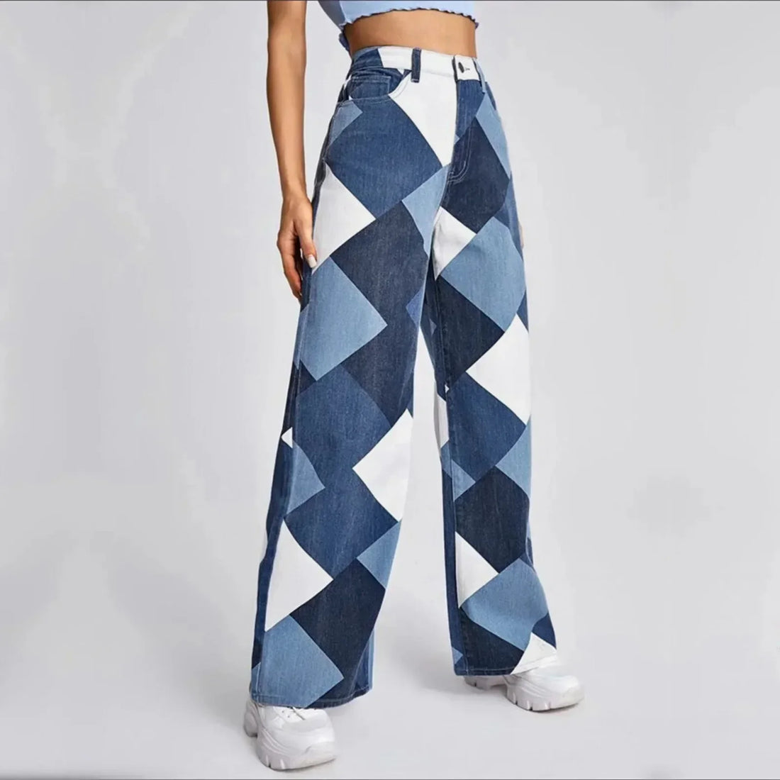 High Waist Checkered Denim Jeans