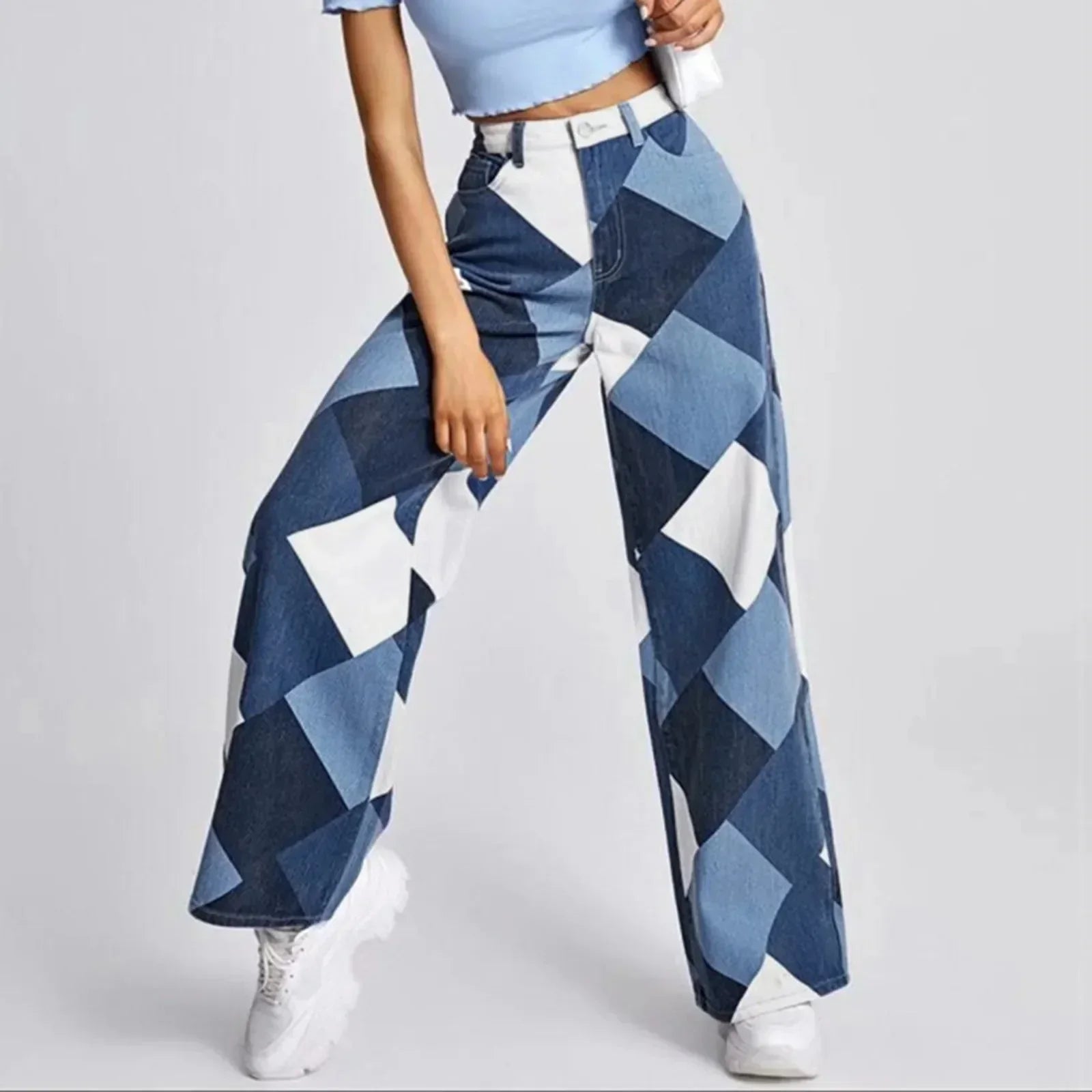 High Waist Checkered Denim Jeans