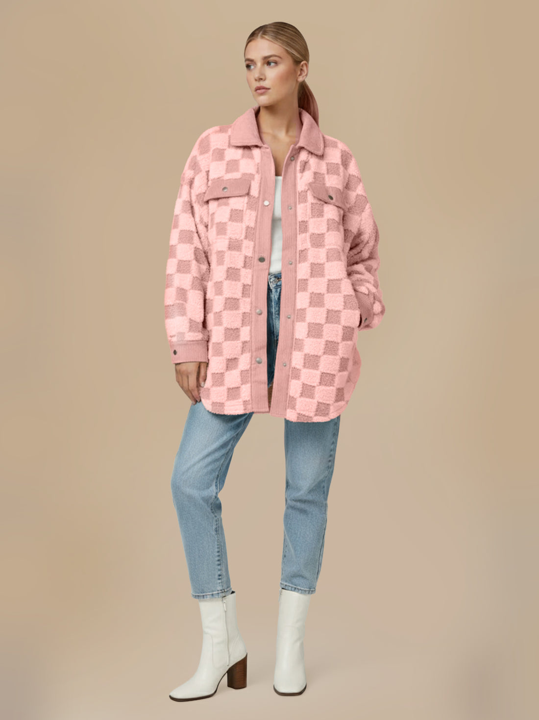 Cream Checkered Fleece Shacket