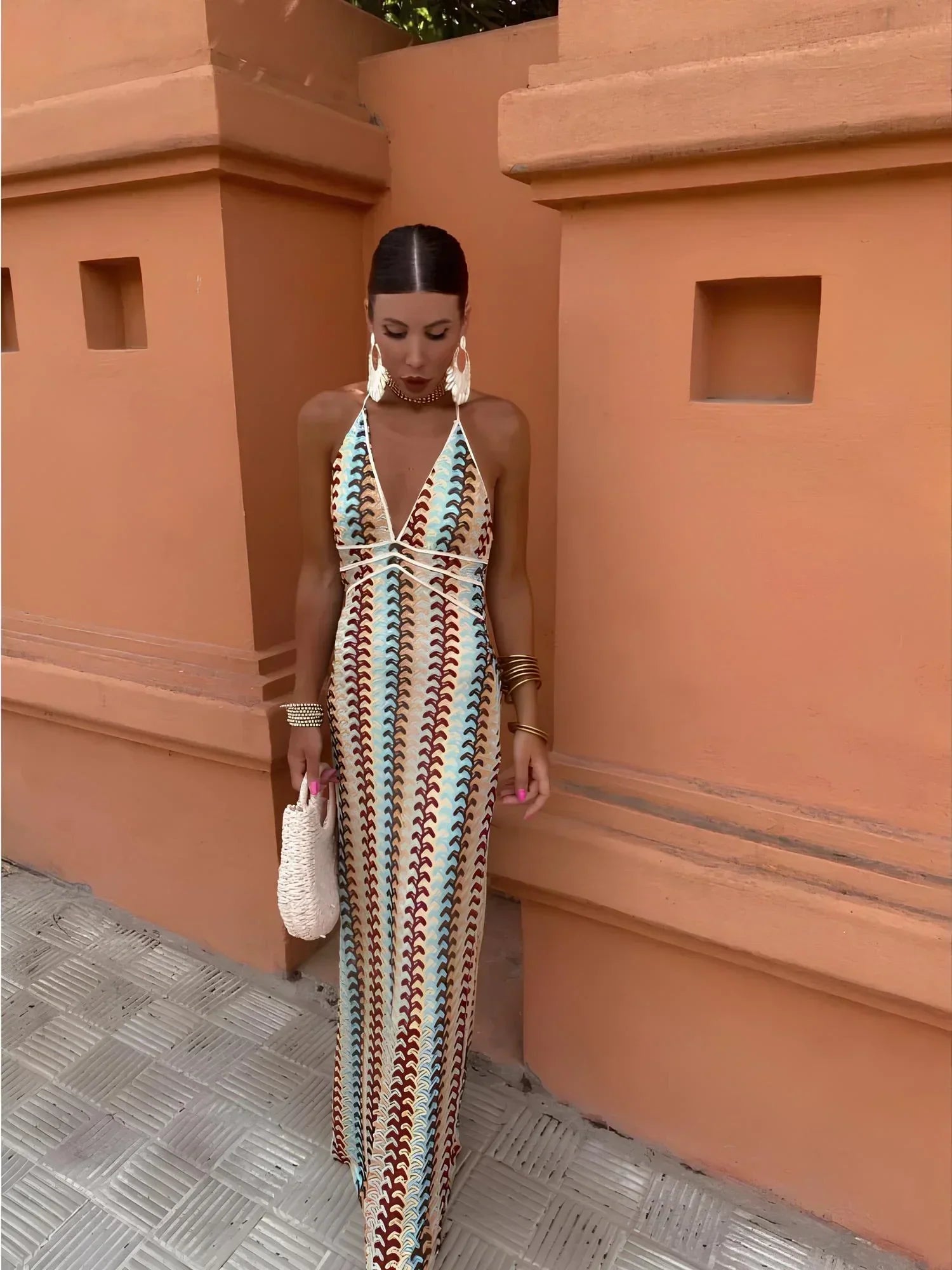 Chevron Print Halter Maxi Dress