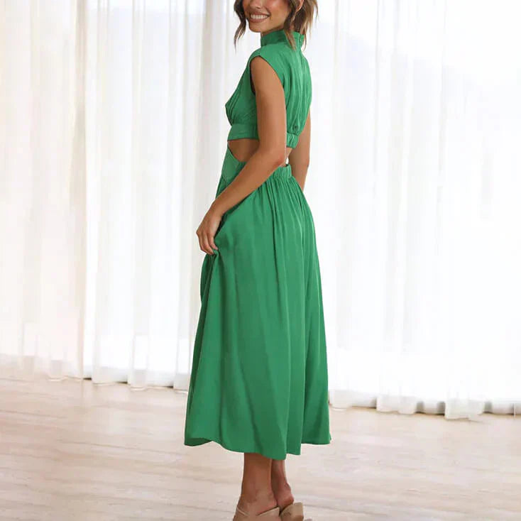 Ruched Cut-Out Pleated Midi Dress